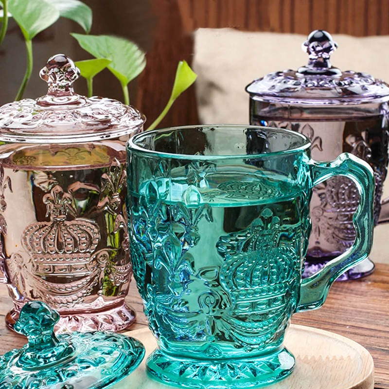 Embossed fashion glass cup belt cover glass household lead free crystal