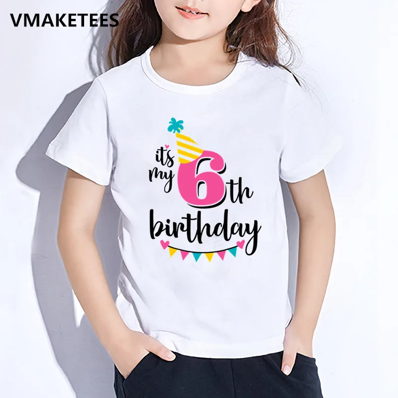 Детская футболка с надписью «Happy Birthday» и цифрой 1-9, забавная футболка в подарок на день рождения для мальчиков и девочек, детская забавная одежда, HKP2432 - Цвет: HKP2432F