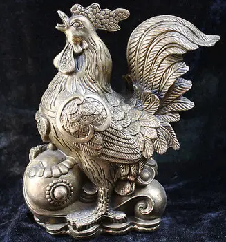 

9" Chinese Bronze Brass Wealth Money YuanBao Zodiac Year Animal Chicken Statue