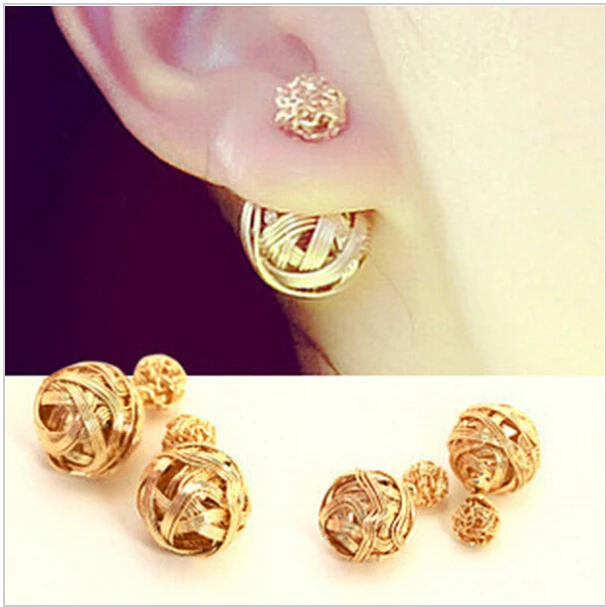 

Hot Selling Two Gold Ball Stud Earrings Double Sides Pearl Earring For Girls Jewelry