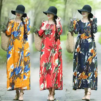 

New Autumn and Winter Traditional Easy Long sleeves Cotton and Linen Woman National Wind Costume Printing Dress NY1881869