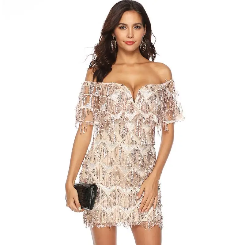 Evening Luxury Fringed Beads Sequined Dresses Ladies Elbise Square