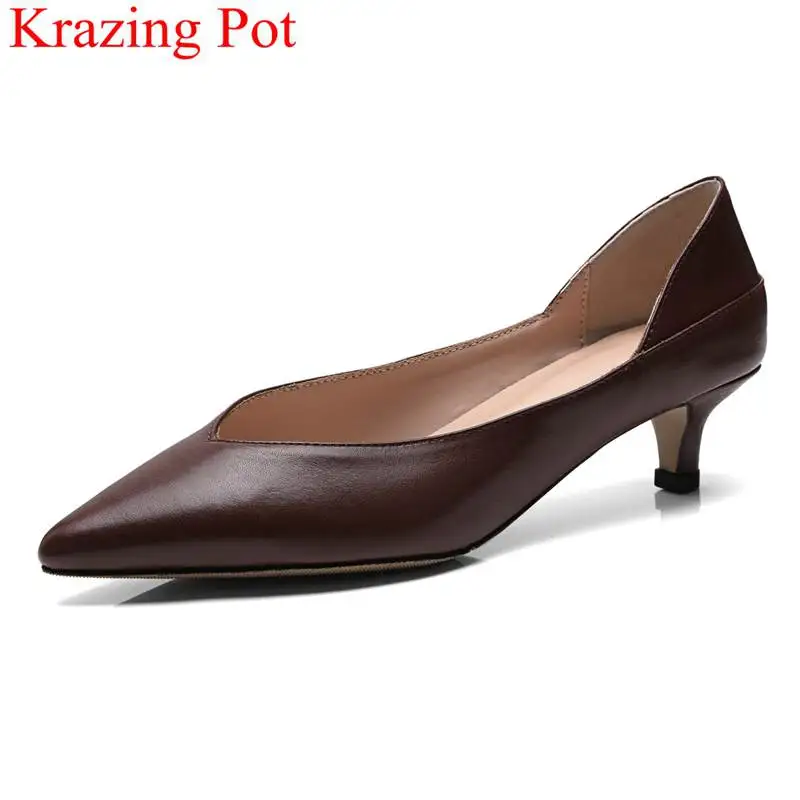 Г., модные женские туфли-лодочки из натуральной кожи на тонком каблуке выразительные офисные элегантные милые классические туфли без застежки с закрытым носком, L23 - Цвет: Brown