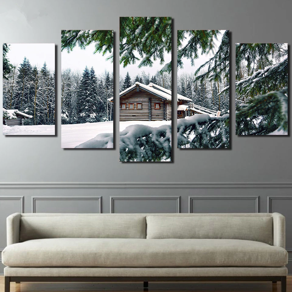 

Modular Canvas Painting Modern Wall Art Room Home Decor Framed Pictures 5 Pieces Snow Tree Snowhouse Landscape Oil Poster