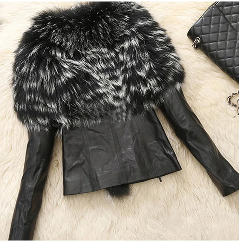 Для женщин искусственный мех воротник кожаная куртка осень зима Женская мода теплая верхняя одежда женские короткие толстые пушистые тонки