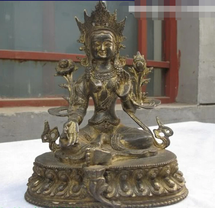 

9"Tibet Folk Temple Bronze Green Tara Guan-yin Goddess of Mercy Buddha statue