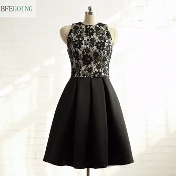 

Black Satin A-line Formal Bridesmaid Dress Knee-Length Sleeveless Real/Original Photos Custom made