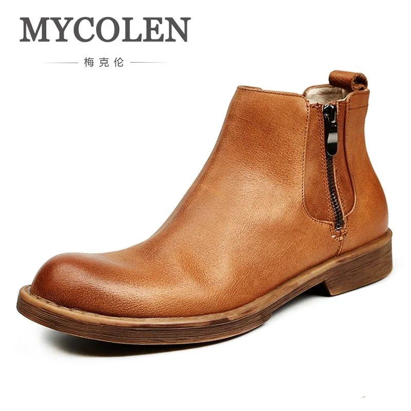 

MYCOLEN The New Listing Men Ankle Boots Genuine Leather Luxury Designer Round Toe Black Brown Zip Dress Men Boots Chaussures