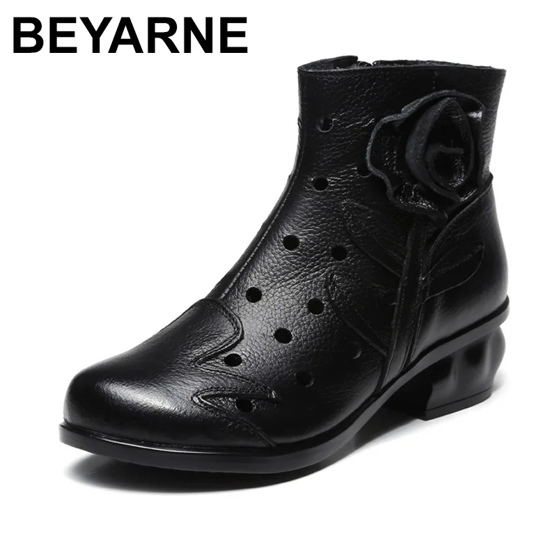 

BEYARNE Hollow Out Genuine Leather Women Boots Thick High Heels Casual Shoes Round Toe Ankle Boots For Women Summer Cool Boot