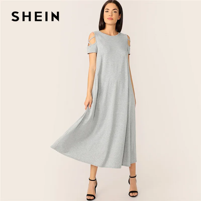 SHEIN Grey Modest Cold Shoulder Criss Cross Detail T Shirt Maxi Dress ...