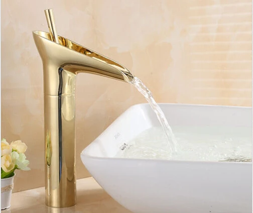

Gold Finish Waterfall Bathroom Basin Mixer Tap Single Lever Countertop Faucet Mixer Tap