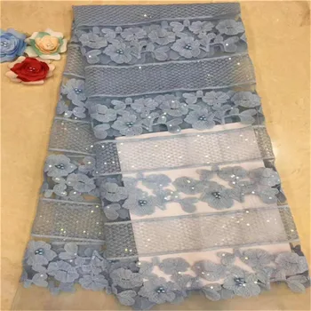

(5yards/pc) High Quality Sky Blue African French Net Lace Fabric With Sequins And Wonderful Embroidery For Party