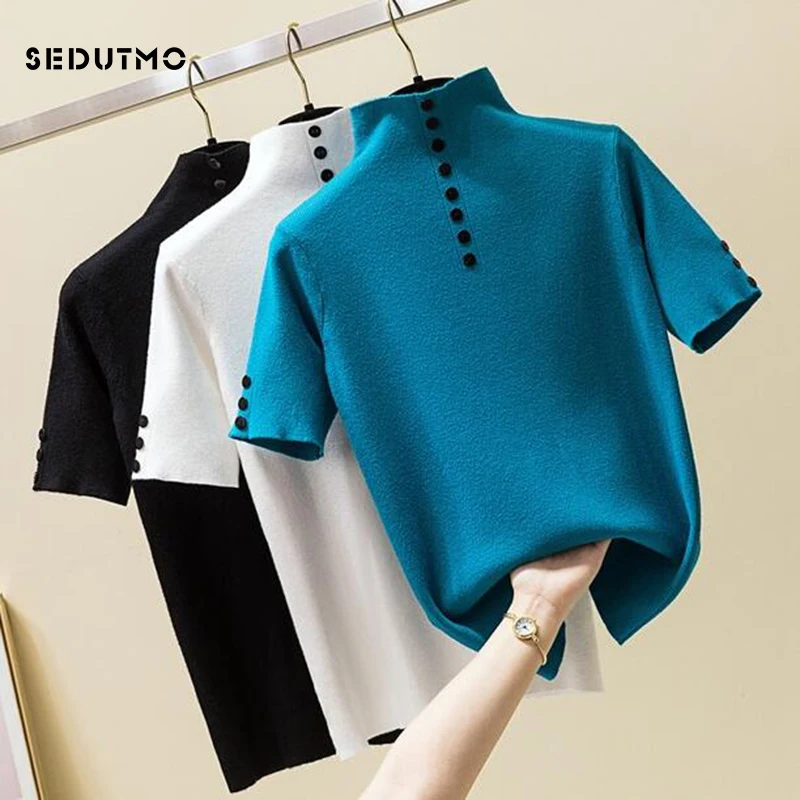 

SEDUTMO Summer Sexy Turtleneck T Shirt Women Harajuku Knitted Tops Short Sleeve Elastic Shirts Autumn Casual Tee ED806