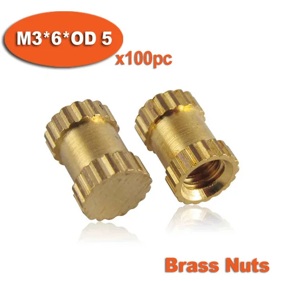 100pcs M3 x 6mm x OD 5mm Injection Molding Brass Knurled Thread Inserts