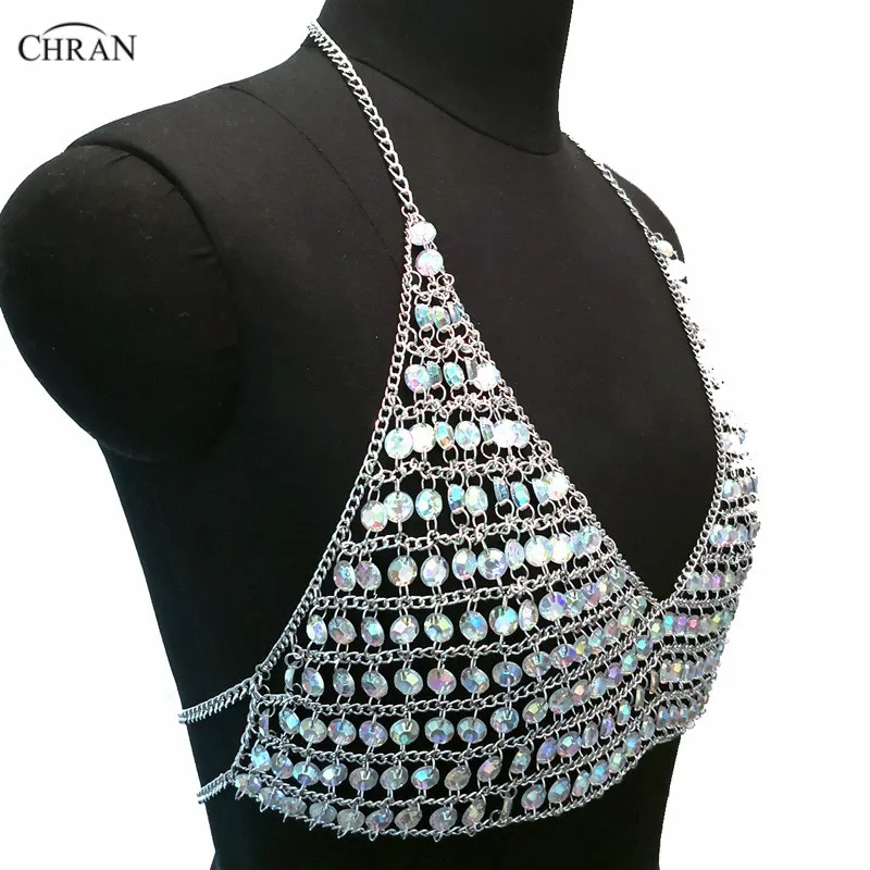 Chran Chain AB Gem Crop Топы блестящий топ пляжная одежда Жгут ожерелье богемное женское