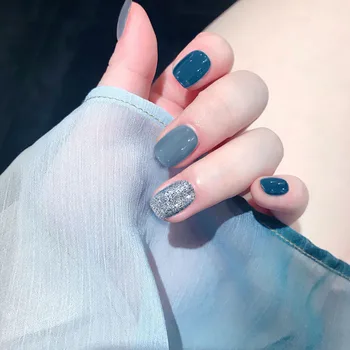 

DIY Short Size Full Cover Nail Tips with Glue Women American Style Fashion Fake Nails Girls Summer Simple Blue Color False Nails