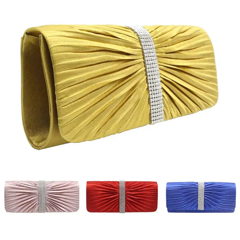 

Fashion ladies bag rhinestone pleated clutch satin evening bag solid color shoulder bag Cocktail Party Dropship Y522