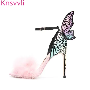 

Knsvvli Pink Ostrich hair Sexy High Heels Sandals Women Summer Colour Butterfly Wings Stiletto Party Bride Dress Shoes Women