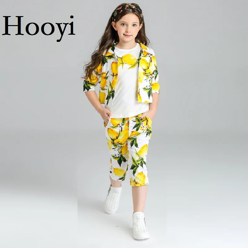 

Hooyi Lemon Girl Clothes Sets Newest Fashion Children 3-Pieces Clothing Suit Jacket + T-Shirt + Pant Girl Outfits Cotton