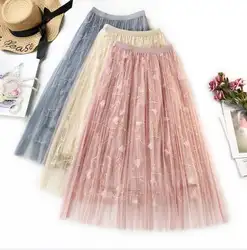 Новая объемная вышивка сетчатая юбка вышитые женские юбки длинные jupe femme летняя модная Сексуальная плиссированная юбка