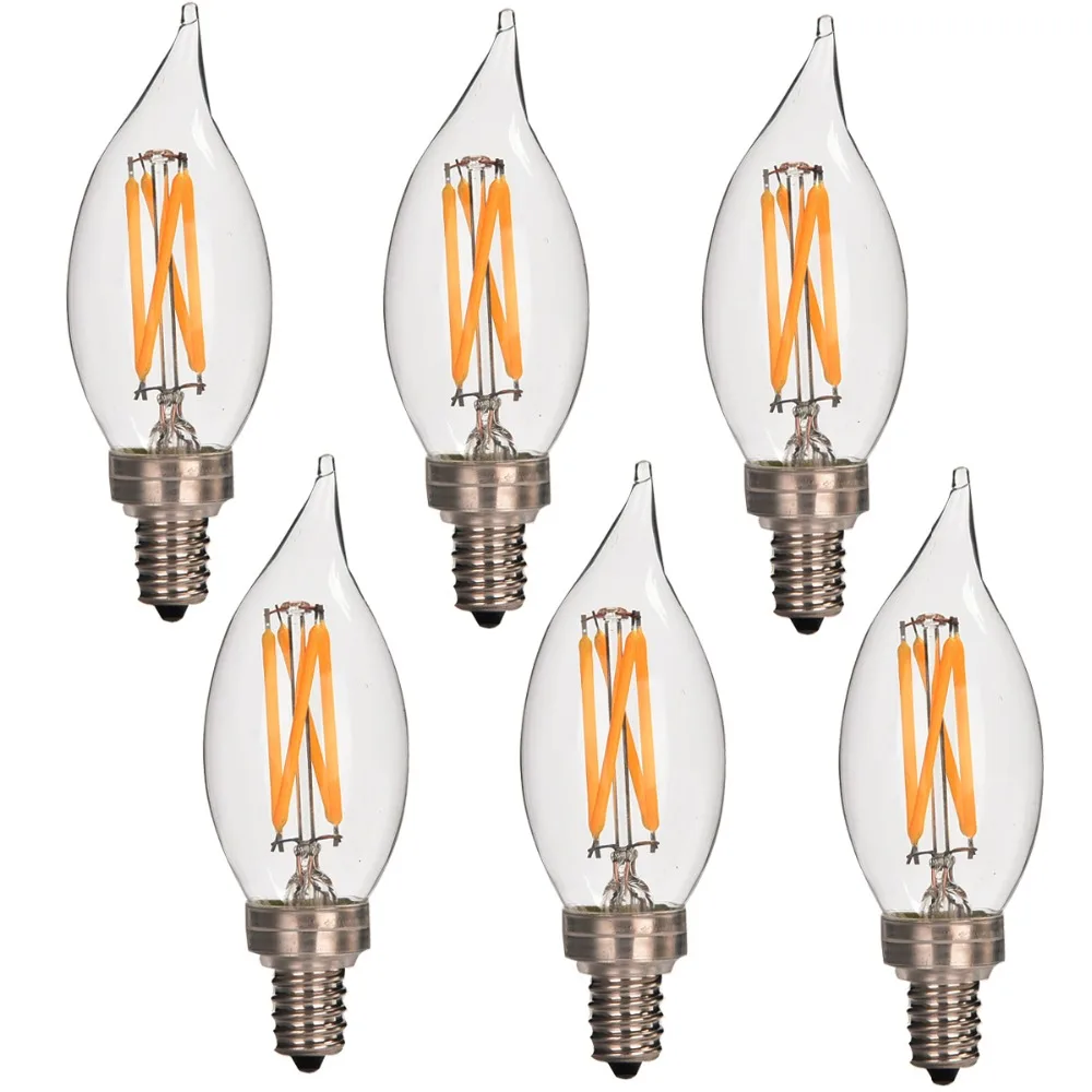 6 Pack Dimmable C35 Candelabra Led Light Bulb Filament 350Lumen CA10 E12 3.5W 120V 2700K Warm