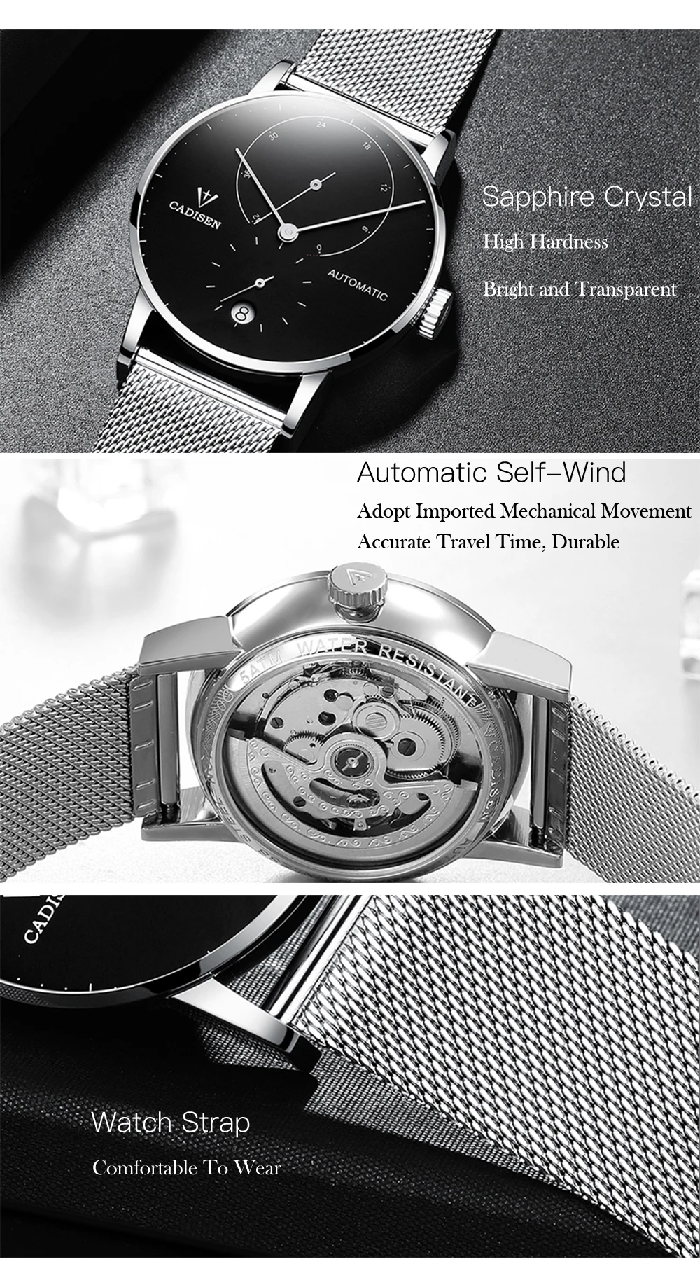 CADISEN Роскошные модные брендовые мужские часы автоматические механические наручные часы мужские стальные бизнес водонепроницаемые спортивные часы Relogio Masculino