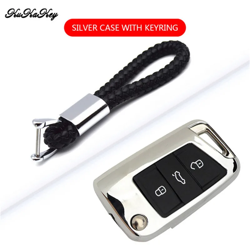 

KUKAKEY TPU Car Key Holder Shell Bag Case Cover For Volkswagen VW Golf 7 GTI R MK7 Tiguan 2017 Hand-Woven Car Keyring Keychain