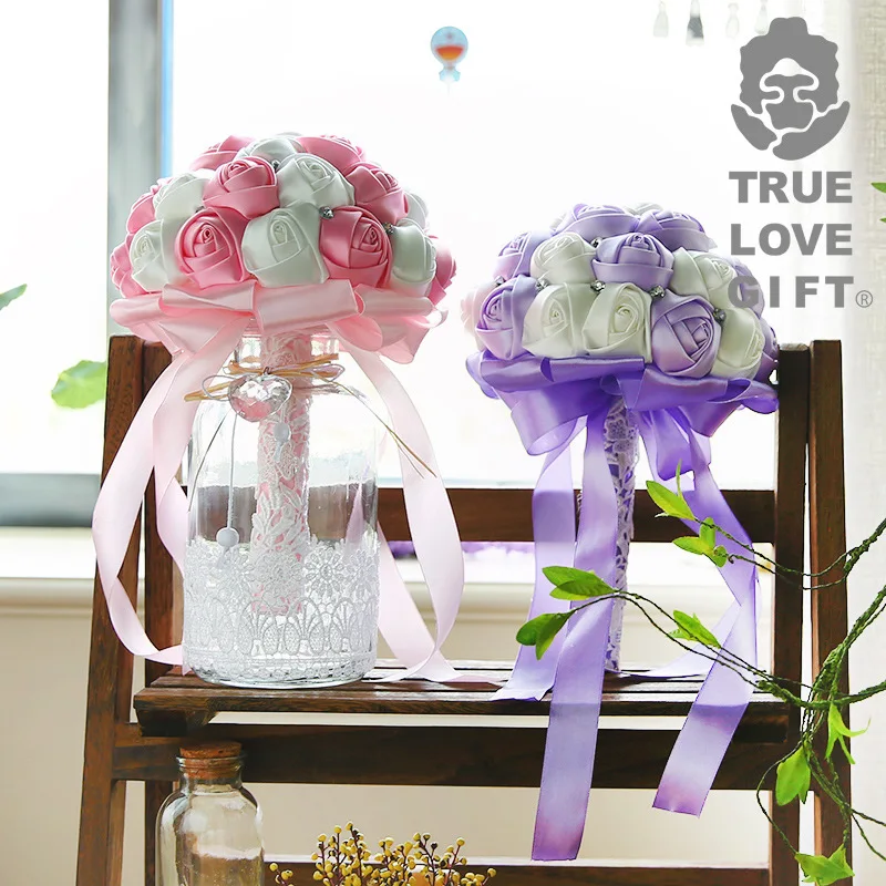 

Ribbon Flowers Artificial Wedding Bouquets Hand made Silk Flower Bridesmaid Heart Crystal Bridal Wedding Bouquet de mariage