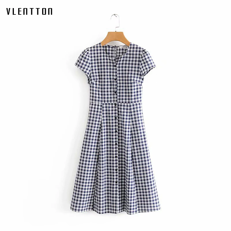 

2019 Spring Summer Women Elegant Vintage Plaid Beach Dress Button O-Neck Short Sleeve High waist A-Line Midi Dresses Vestido