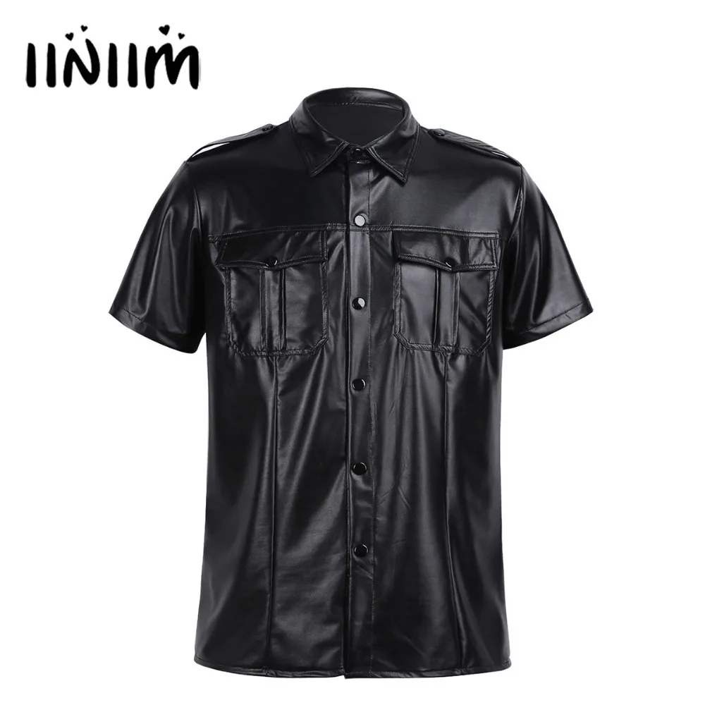 Vente Noir Mens Souple Faux Cuir À Manches Courtes Police Uniforme Chemise avec Aligner Col Chemises Occasionnelles pour Discothèque Partie Costume