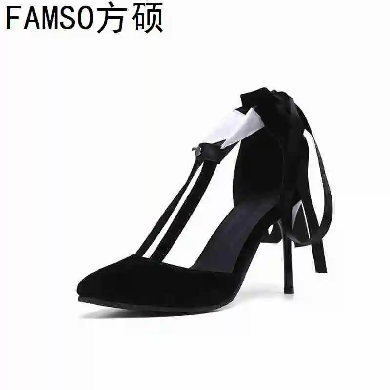 

FAMSO 2019 New Arrival Women Sandals Shoes Black Lace-up Print T-Strap High Heels Party Sandals Pointed Toe Summer Women's Shoe