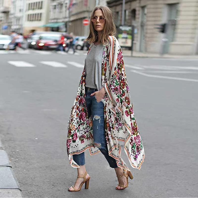 Floral Chiffon Kimono Cardigan Women's Shirts Long Boho Full Sleeve Feminine Female Blouse 2019 Summer Casual Bikini Top Female