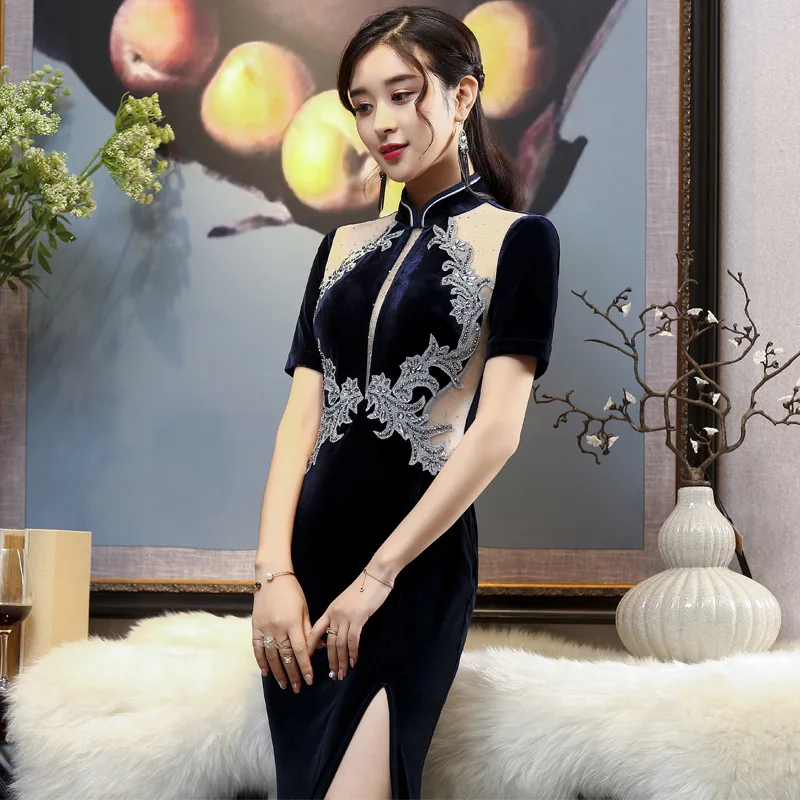 Сексуальное бархатное платье Ципао Русалка китайское вечернее платье Сплит Cheongsams велюровое шелковое вечернее платье Qipao вышивка