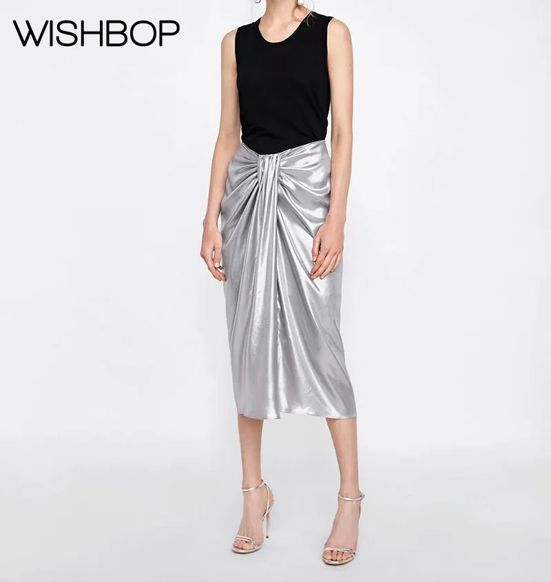 

2018 New Women Metallic-effect Draped Flowing Skirt With Front Slit Detail At The Hem - Wishbop Ladies Casual & Fashion Skirts