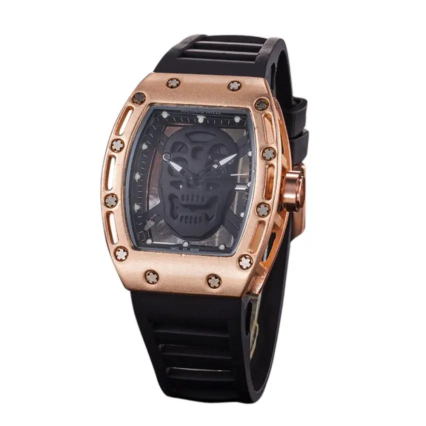

2017 Simple Style Unisex Casual Fashion Men's Casual Skull Quartz Watch Silicone Skull Analog Hollow Wristwatch Hot Sale