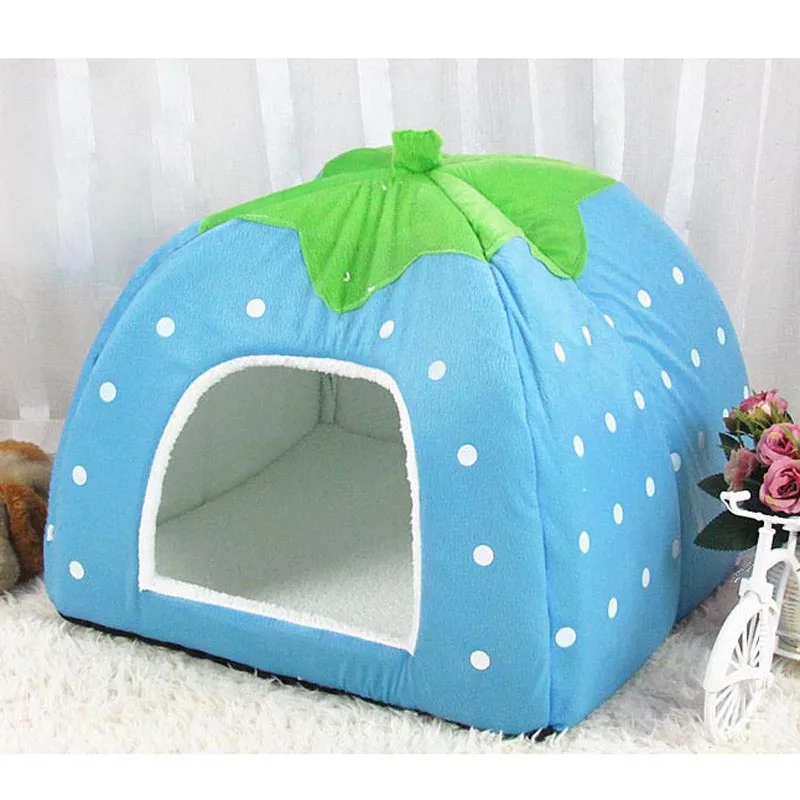 pawstrip 5 Size Cute Strawberry Dog Bed House Winter Cat Bed Leopard Pattern Foldable Dog House For Small Dogs perro - Цвет: Blue
