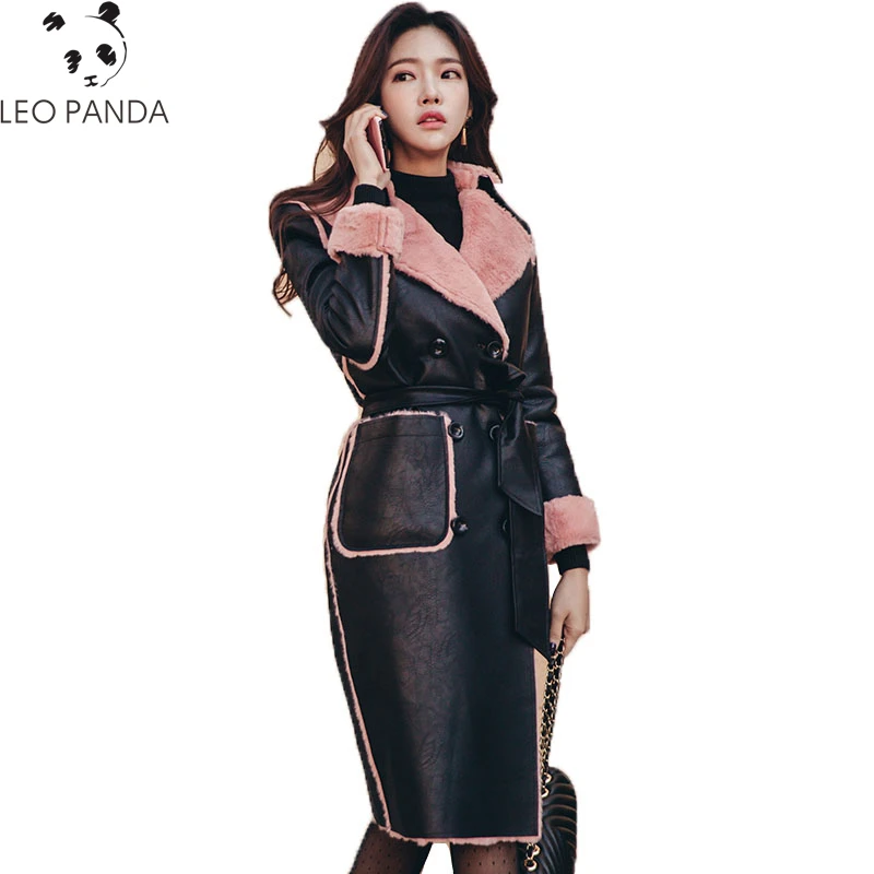 

New Fashion Spring Autumn Thicken Double-breasted Long sleeves Turn-down collar Pockets Loose Coat Female Leather coat CY465
