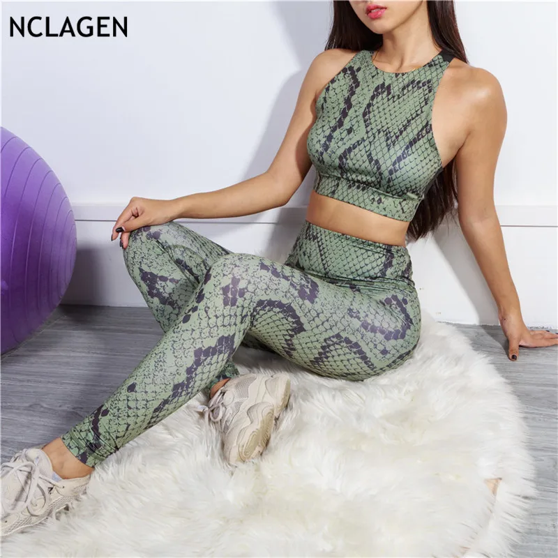 

NCLAGEN Women Sexy Snake Skin Print Sportswear Set Navel Bare Crop Hollow Out Patchwork Tanks Tops + Booty Slim Fit Leggings