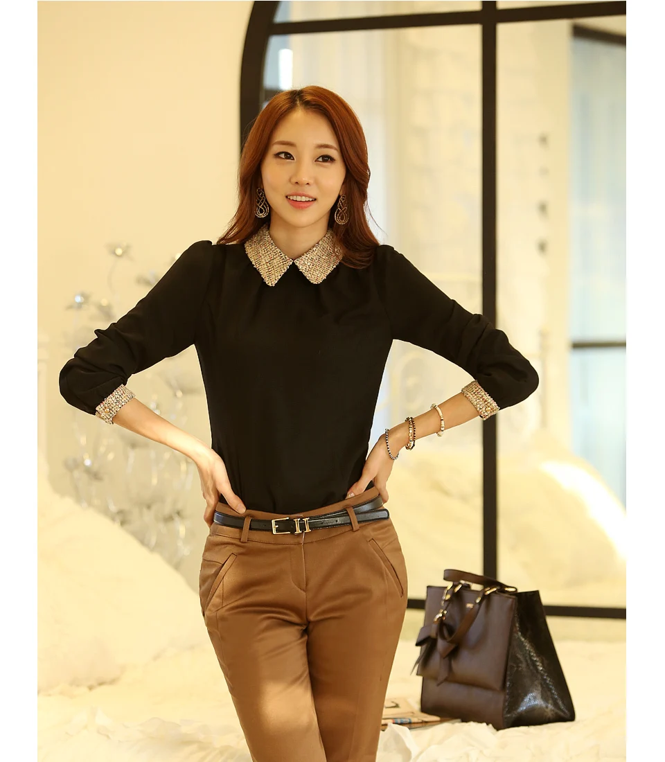  2015 new fashion Korean lady long sleeve lace chiffon shirt peter pan collar lantern sleeve women b