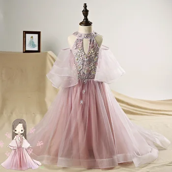 

Halter Flower Girl Dresses for Wedding Flare Sleeve Small Trailing Holy Communion Dress Lace Up Backless Princess Prom Dress