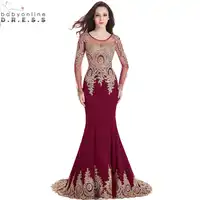 Real Image Cheap Burgundy Long Sleeve Mermaid Lace Prom Dresses Sexy Sheer Back Evening Party Dress Vestido de Festa Longo
