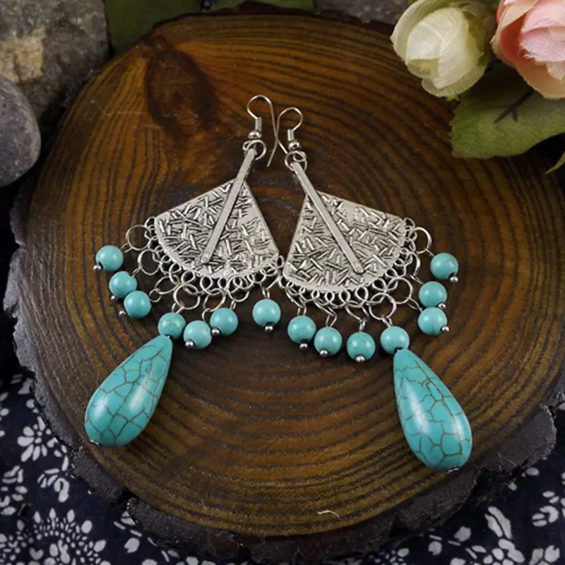 

Gypsy Carved Geometry Howlite Stone Beaded Vintage Fashion Drop Dangle Earrings Retail Jewelry Gift