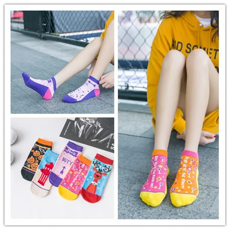 Популярные модные носки Harajuku с забавным рисунком из мультфильма chaussettes, женские носки с головой тыквы и лося, милые носки до щиколотки kawaii happy