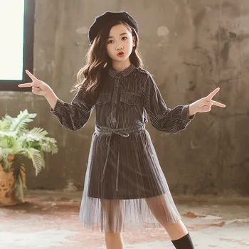 

Shirt dress big girl autumn suit autumn clothing girls clothing set 12 years 14 10 8 long sleeve dress mesh skirt 2 piece suit