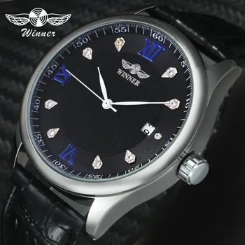 

WINNER Luxury Unisex Women Auto Mechanical Watch Calendar Date Leather Strap Roman Number Crystal Decoration Design Wristwatches