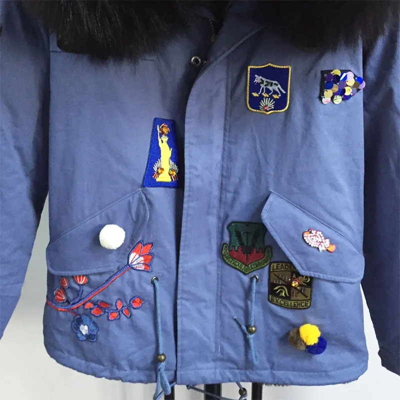 Couleur Manteau Fleur Bleu Denim Version Veste Courte Noir Collection Badge Nouvelle De Fourrure Broderie pq4tS4Y