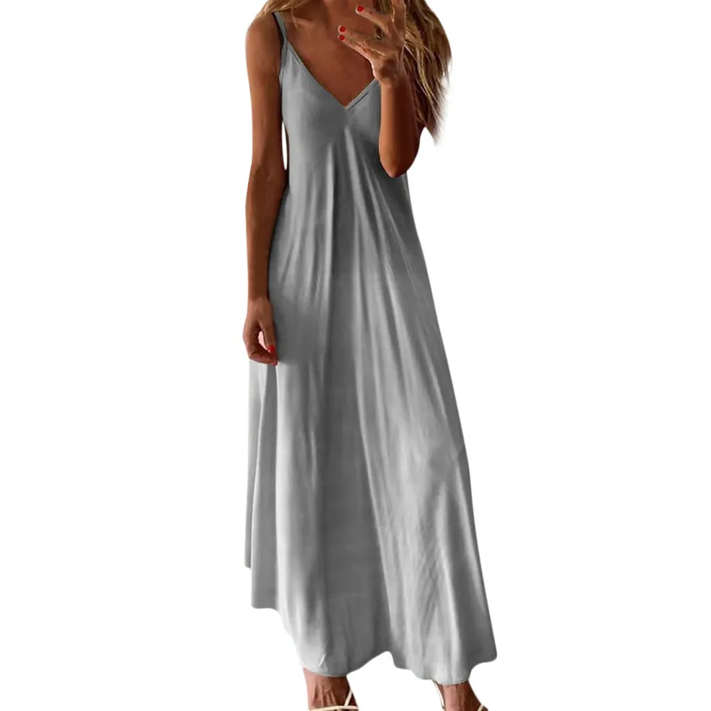 Длинное женское платье с v-образным вырезом в богемном стиле, женские вечерние платья, повседневные платья без рукавов с принтом, длинное платье макси на бретелях - Цвет: GY