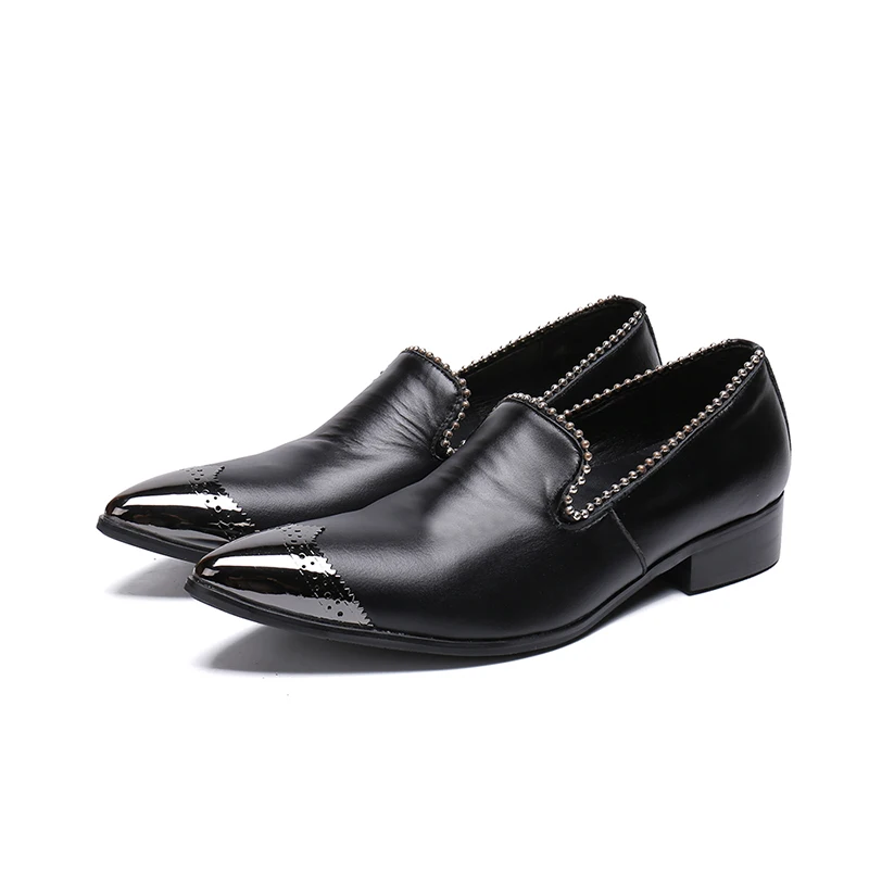 

Brand business mens dress shoes genuine leather Brogue Carved black Italian fashion male Silver toe shoes