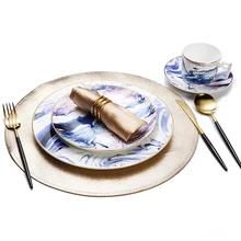 Керамический набор посуды, плоская тарелка, поднос для еды, акварельная живопись, дизайн, стейк на ужин, тарелка для салата, Сервировочные блюда, поднос с золотым краем