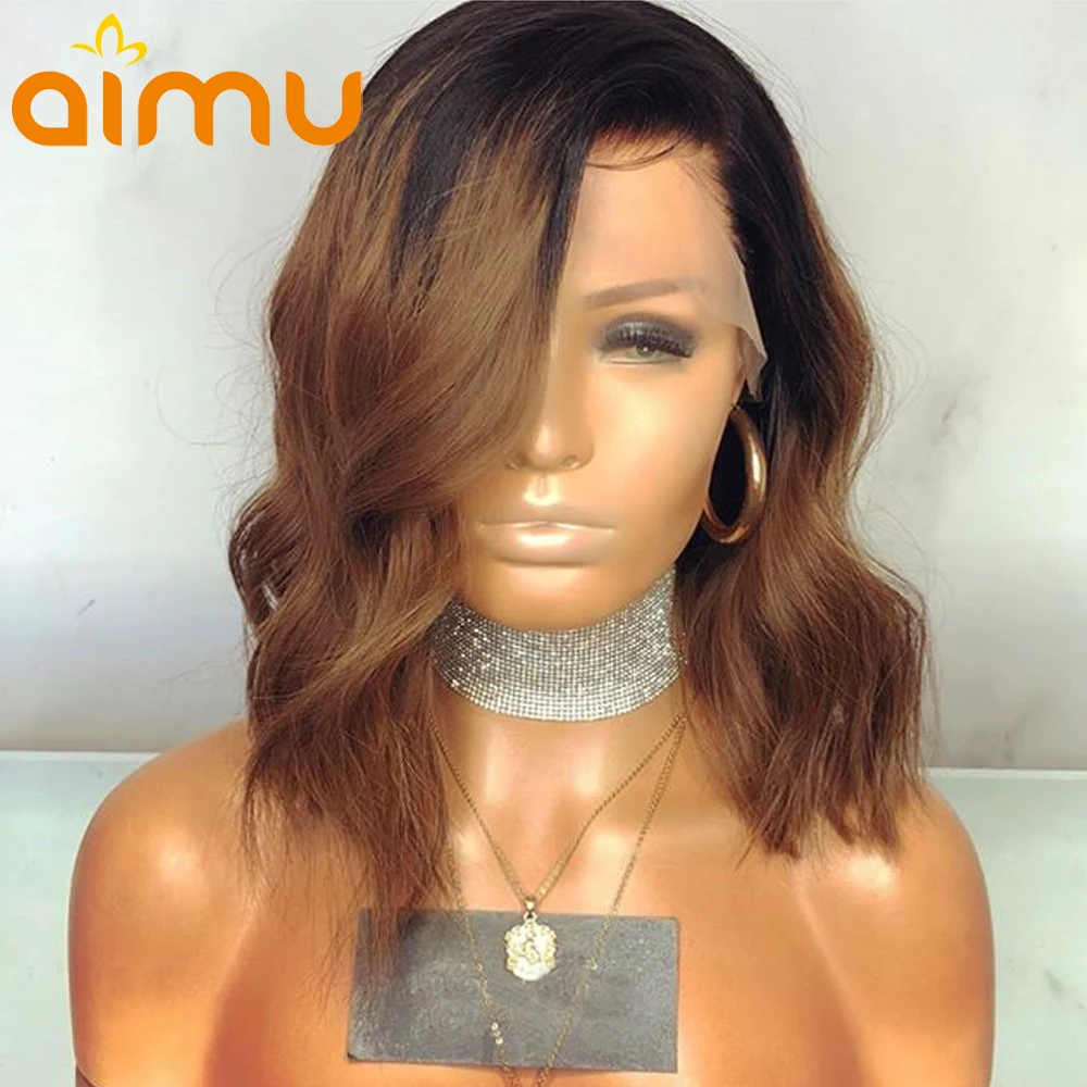 

13X6 Pre Plucked Ombre Lace Front Wig With Baby Hair Wavy 180 Density Brazilian Remy Short Human Hair Bob Wigs For Black Women